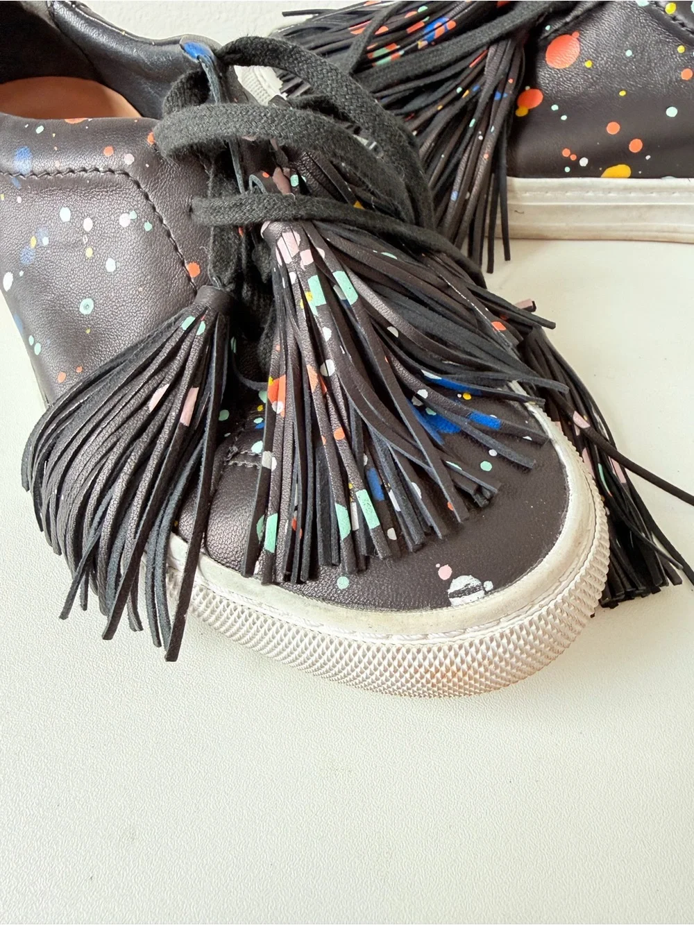Loeffler Randall Logan Splatter Print Tasseled Leather Sneakers Size 7.5 Women’s